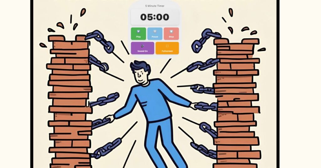 Person using 5 minute timer online to break free from procrastination chains and mental barriers