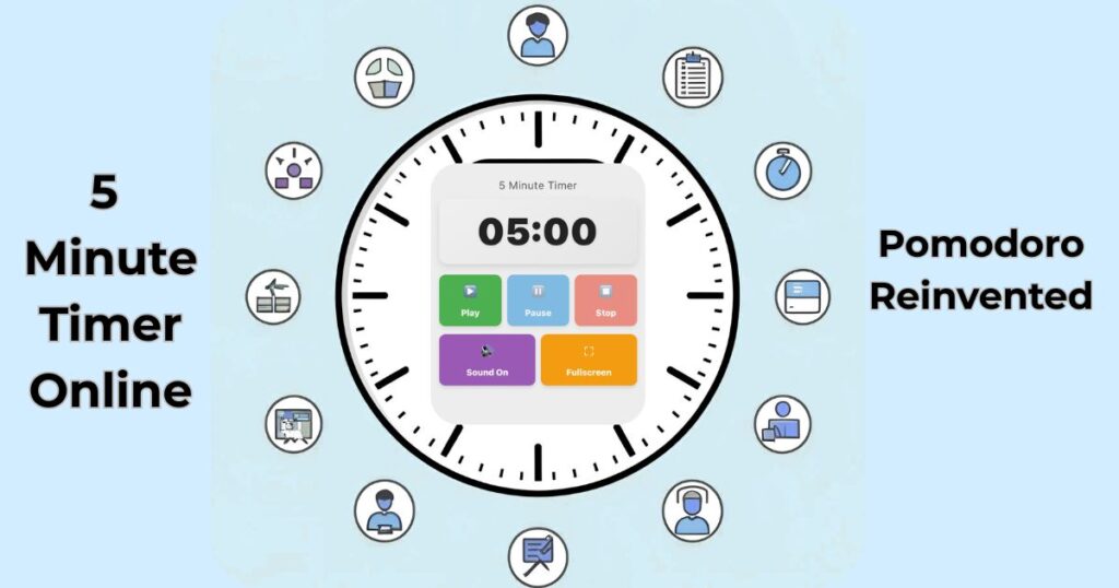 5 minute timer online with 05:00 display surrounded by productivity icons for customised Pomodoro time management