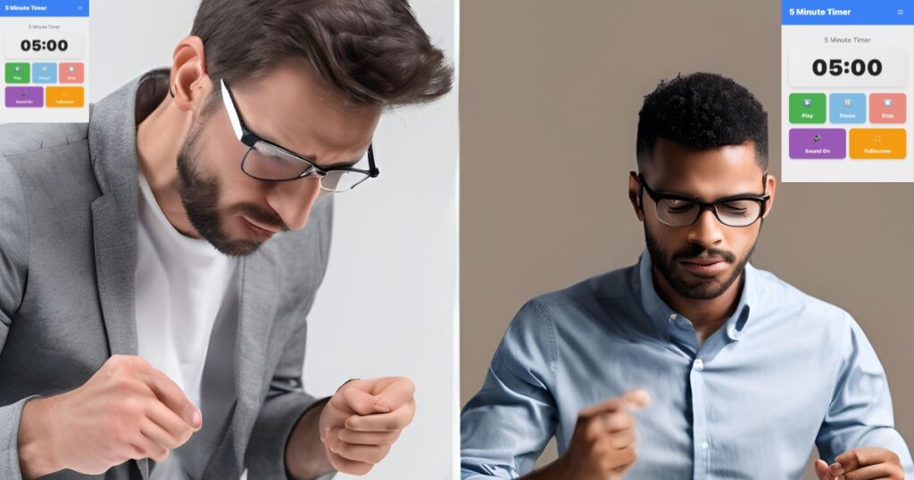 Two individuals at desks using a 5 minute timer online to start and focus on tasks, illustrating how short timed sessions can enhance productivity.