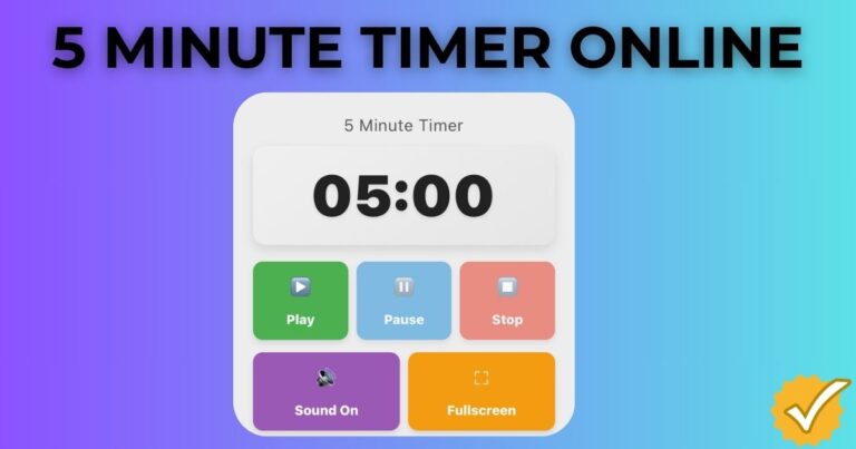 5 minute timer online with play, pause, and stop controls against a blue-purple gradient background for productivity management.