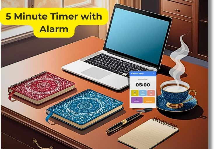 5 minute timer with alarm displayed on laptop screen with study materials coffee cup and notebooks on wooden desk