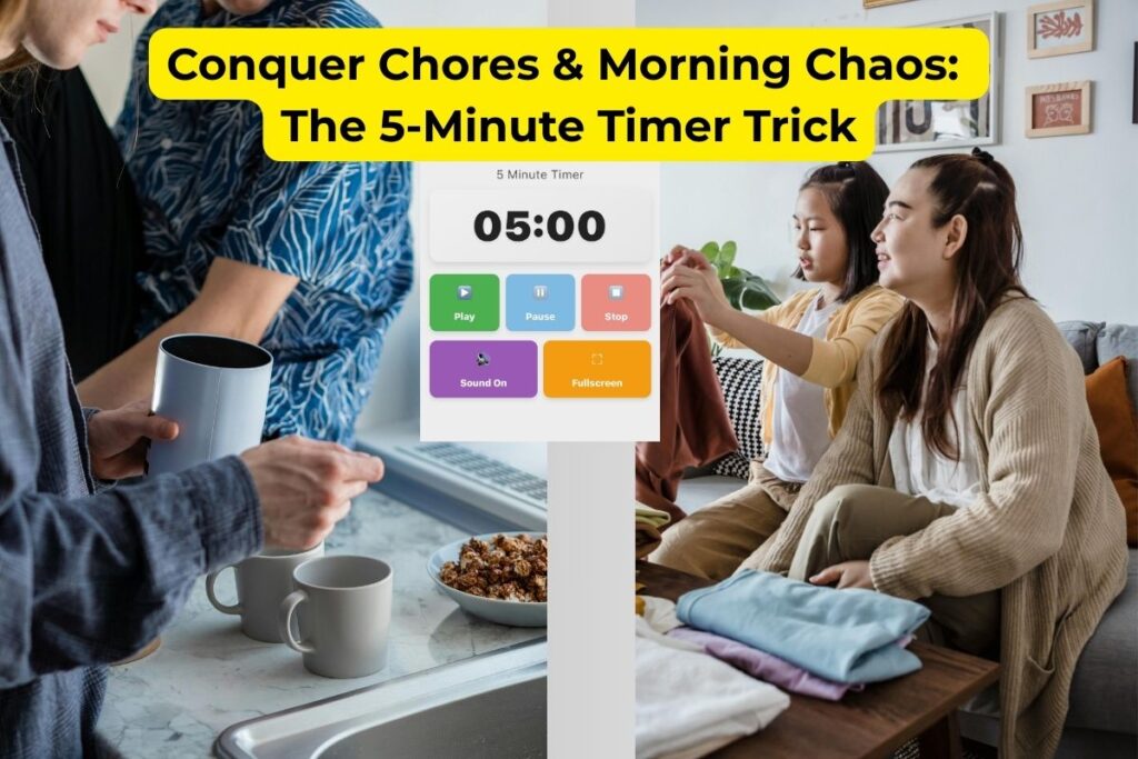 Professional woman using 5 minute timer with alarm at desk for focused work sessions and productivity