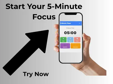 Hand holding a smartphone displaying a 5 minutes timer app set to 05:00, showing a digital countdown and colourful timer buttons for a free online timer 5 minutes tool.