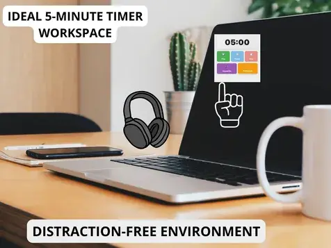 Timer 5 minutes ideal workspace with interactive 05:00 countdown display, cursor pointer, professional headphones, and distraction-free environment for focused productivity