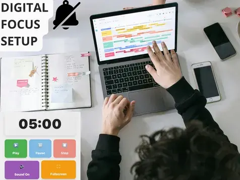 Timer 5 minutes digital focus setup with 05:00 countdown, silenced notifications icon, and distraction-free workspace environment for productive focus sessions