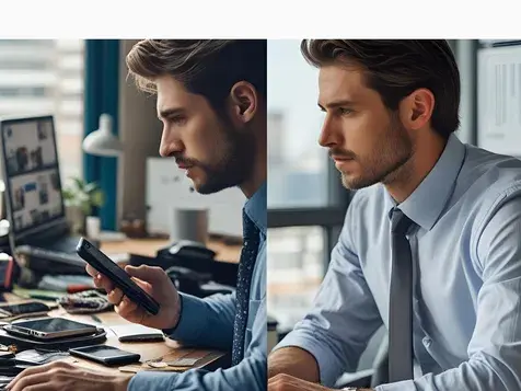 Split-screen infographic showing an office worker distracted by phone and notifications on one side, and focused using a timer 5 minutes on the other; illustrates the productivity boost of a timer for 5 minutes and a 5 minutes timer.
