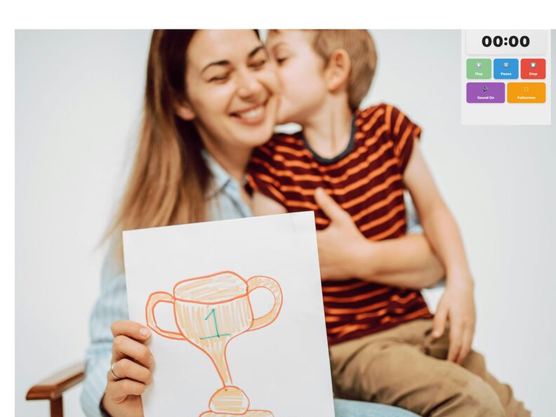 Happy child showing completed artwork to mother after using 5 minute timer for kids with timer displaying 00:00 showing successful task completion
