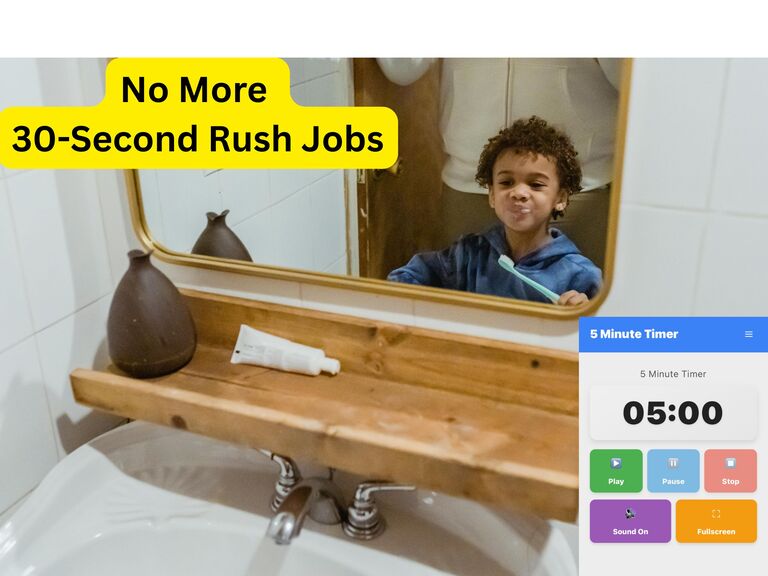 Child brushing teeth properly using 5 minute timer for kids showing 05:00 display - demonstrates focused dental hygiene routine