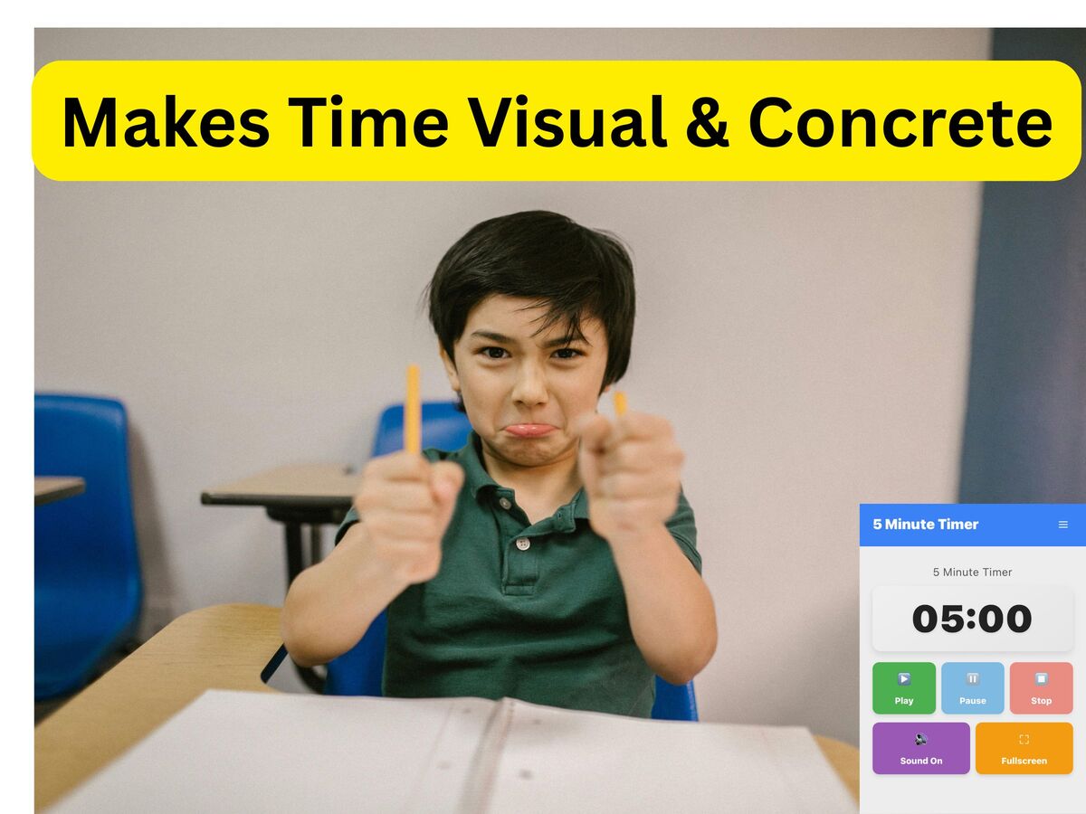 A child using a 5 minute timer for kids at a school desk to help visualize time and improve classroom focus.