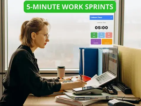 Professional woman using timer 5 minutes for workplace productivity showing 5-minute work sprints with digital timer interface at office desk