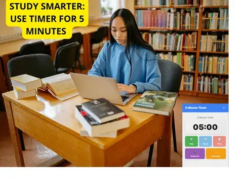 College student studying in library with timer for 5 minutes showing 05:00 countdown on laptop screen, books and study materials on desk
