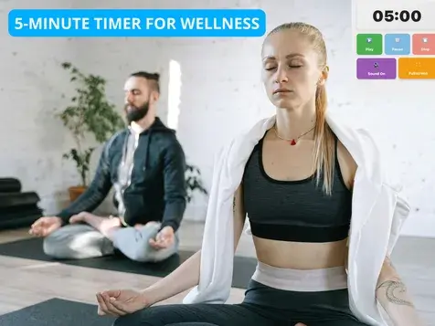 Two people meditating in lotus pose with 5-minute timer for wellness showing 05:00 countdown, peaceful home meditation session with plants
