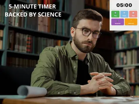 Researcher in library with 5-minute timer backed by science showing 05:00 countdown, academic study of timer for 5 minutes brain research