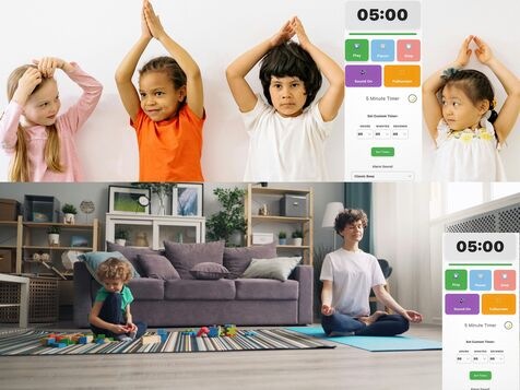 Children sitting peacefully on meditation mats in bright, welcoming space, practicing age-appropriate mindfulness activities together