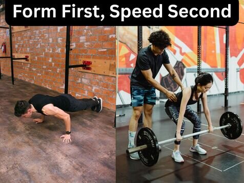 Side-by-side demonstration showing proper push-up form and correct deadlift technique emphasizing quality over speed in exercise