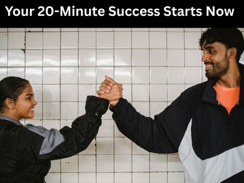 Happy man and woman giving celebratory handshake showing achievement and success after completing 20-minute workout goals