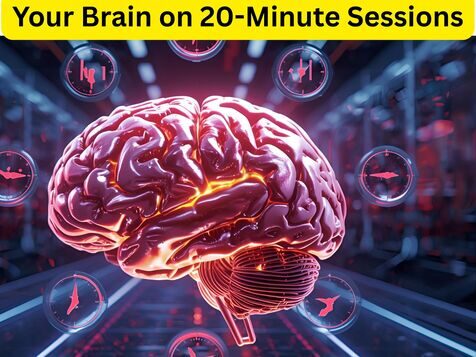 Neuroscience visualization showing the cognitive impact of a 20 minute workout on the brain, highlighting peak focus and TPN activation achieved within the ideal 18-22 minute duration according to the Focus Framework.