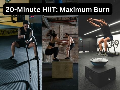 People doing high-intensity HIIT workout with burpees and jump squats in gym setting for 20-minute maximum burn session