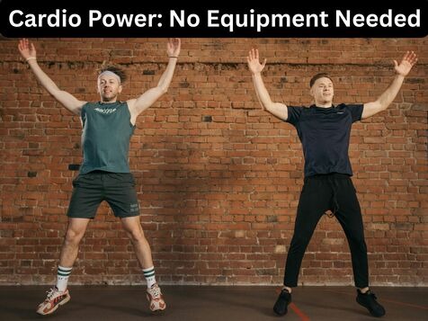 Two people doing jumping jacks cardio exercise with arms raised showing high-energy bodyweight workout requiring no equipment