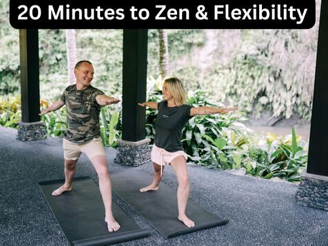 Two people practicing yoga warrior pose outdoors on mats showing peaceful flexibility and mindfulness session for stress relief