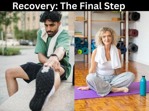 Man doing hamstring stretch and woman in meditation pose showing proper post-workout recovery and cool-down techniques