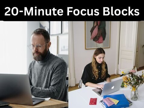 Man and woman working in focused concentration at clean organized desk workspace demonstrating 20-minute productivity focus sessions