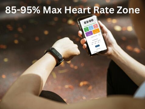 A professional biohacker demonstrating the precise 85-95% max heart rate zone required for an effective 3 Minute HIIT Workout, using a wearable fitness tracker and the proprietary 5 Minute Timer visual interface to trigger the EPOC metabolic afterburn.