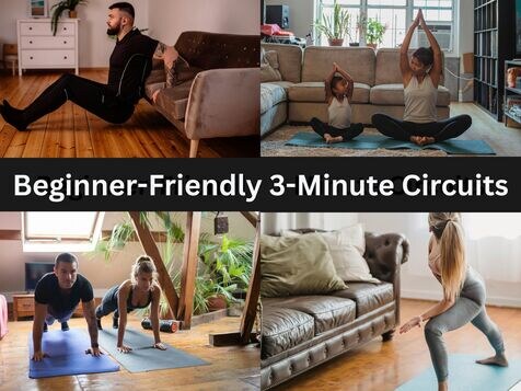 A multi-generational fitness family in a clean, professional home gym setting, demonstrating that the Dwayne Dixon 3 minute HIIT workout at home can be scaled from a seated tricep dip to advanced bodyweight flow sequences, proving expert-level accessibility without gym equipment.