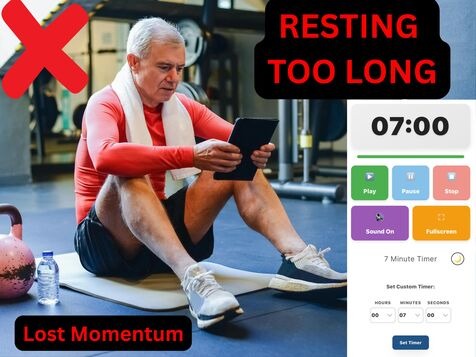 Person sitting on gym floor with phone showing 07:00 timer, red X warning symbol and lost momentum message indicating excessive rest period