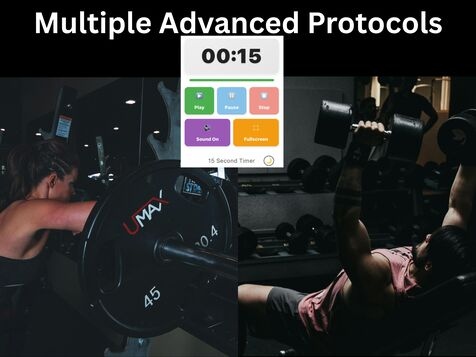 Advanced gym training session with multiple protocol timer showing 00:15 display and sophisticated timing interface for experienced athletes