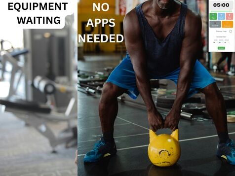 Split comparison showing unused gym equipment on left versus active kettlebell training with no apps needed timer solution on right