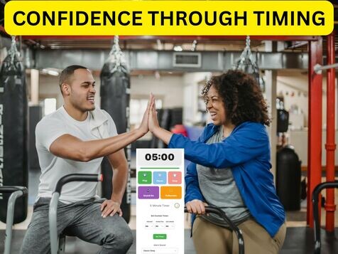 Two people celebrating workout achievement with high-five in gym setting, timer interface showing 05:00 with confidence through timing message