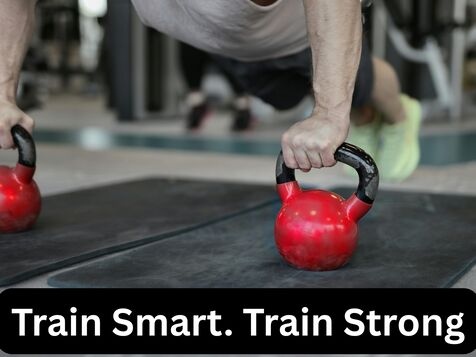 Gym workout with timer interface showing train smart stay strong motivational message for structured exercise