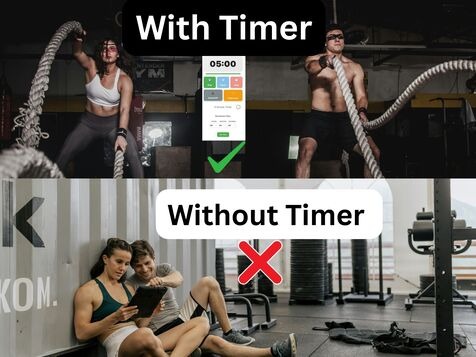 Split comparison showing focused rope training with timer and green checkmark versus distracted gym socializing with red X mark