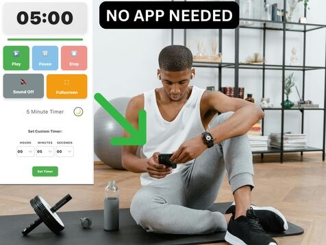 Person setting up web-based gym timer on phone showing 05:00 display with no app needed message and timer interface overlay