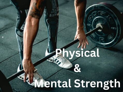 Person deadlifting barbell in gym with Physical and Mental Strength text overlay showing connection between fitness discipline and focus training
