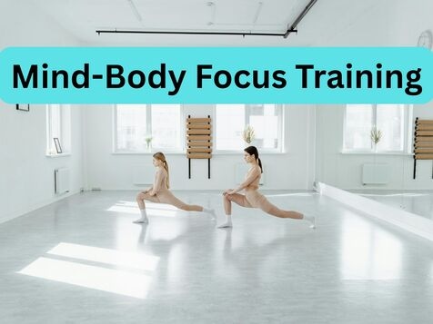 Two people practicing yoga stretches in minimalist studio with Mind-Body Focus Training text overlay demonstrating mindful movement for concentration