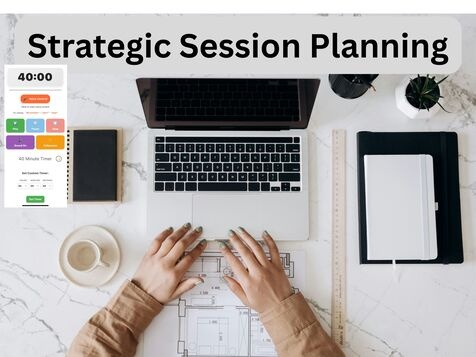 Overhead view of workspace with 40-minute timer, colorful schedule blocks, laptop and planning materials showing strategic session planning for deep work