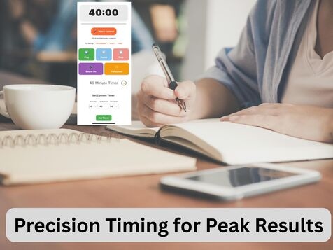 Person writing in notebook with 40-minute timer interface showing precision timing for peak performance during extended focus sessions