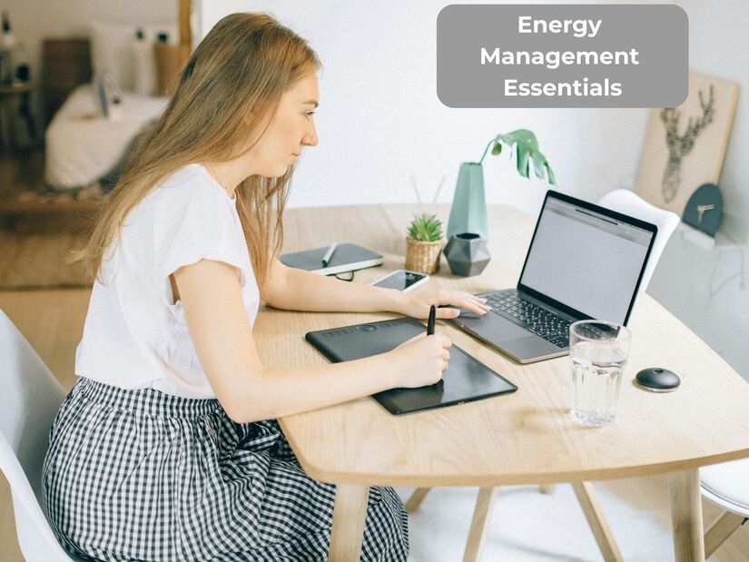 Woman with proper ergonomic posture working at desk with water bottle and laptop demonstrating energy management essentials for sustained focus sessions with natural lighting and organized workspace