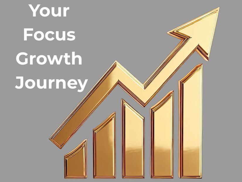 Upward trending golden bar chart with arrow showing progressive growth and improvement in focus session capacity over time representing skill development journey