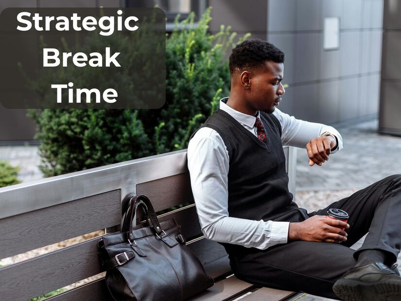 Professional man taking strategic break outdoors checking watch while sitting on bench demonstrating mindful recovery time between focus sessions with natural environment and greenery