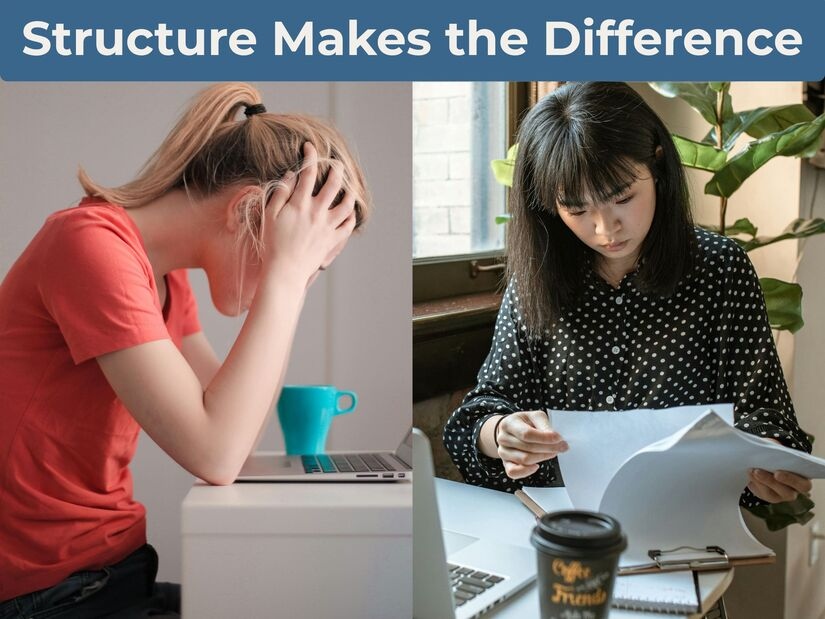Side-by-side comparison showing frustrated woman struggling with work versus focused woman productively working demonstrating how structured focus sessions make the difference in performance