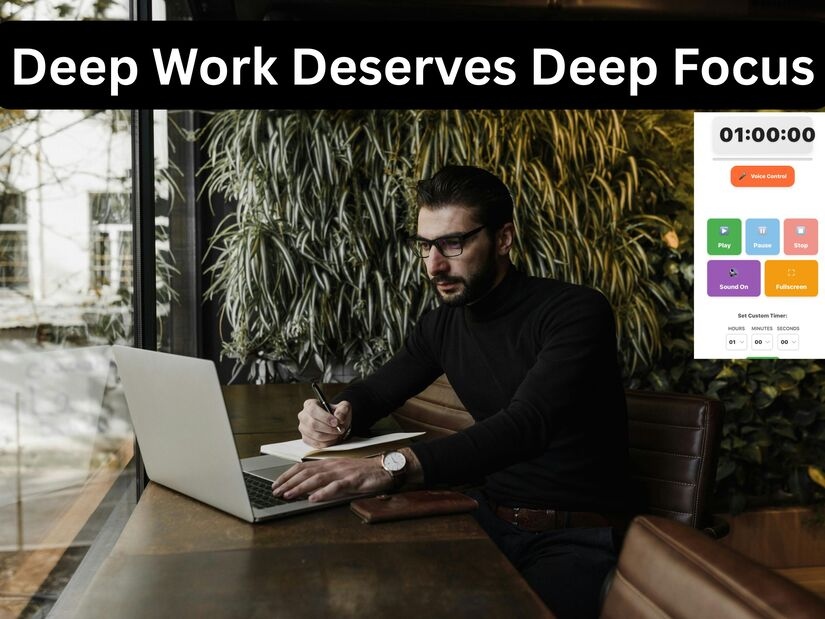 Man using 1 hour timer during deep work session with laptop in focused workspace environment