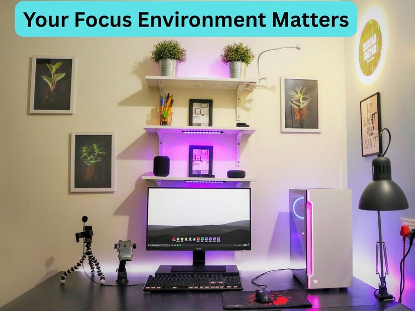 A clean, organized home office desk setup with computer, plants, and soft lighting showing an ideal focus environment for using a 1 hour timer effectively.