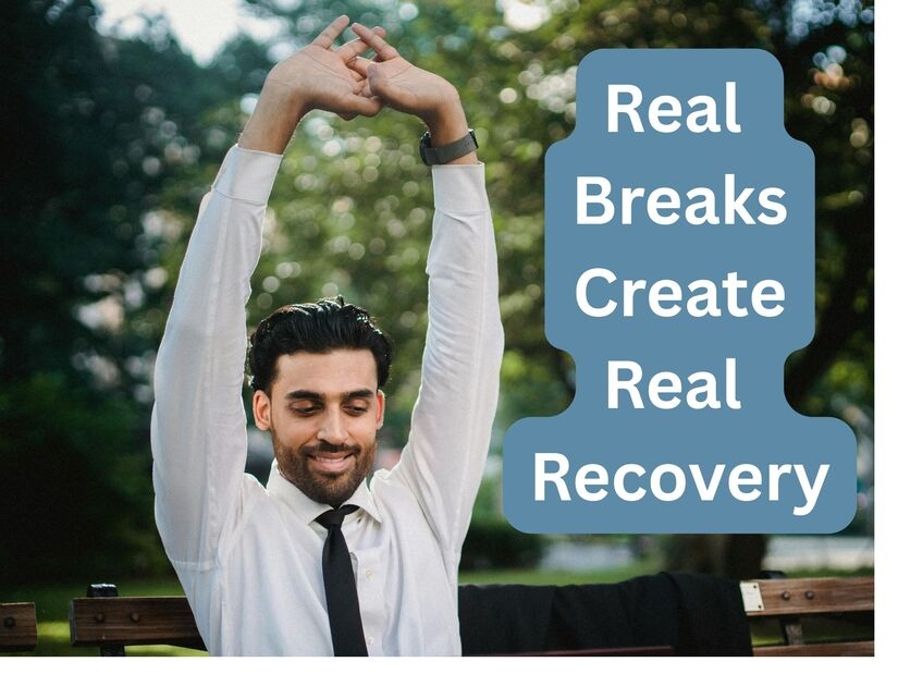 Man in business attire stretching outdoors, symbolizing taking real breaks during a 1 hour timer productivity routine to recharge and recover focus.