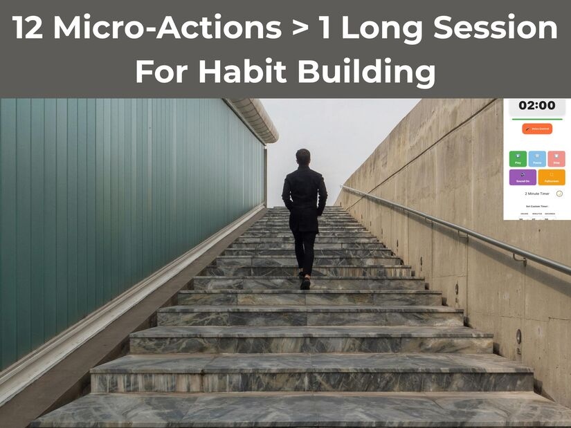 Person climbing stairs showing what  can you do in 2 minutes builds habits through consistent micro-actions, timer icon visible