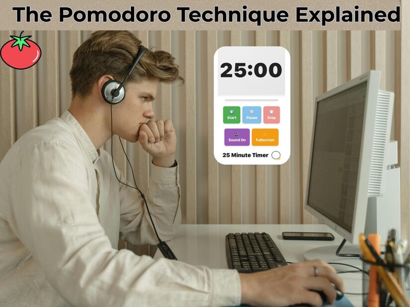 Man using Pomodoro Technique with 25-minute timer for focused work session at desk with headphones and keyboard