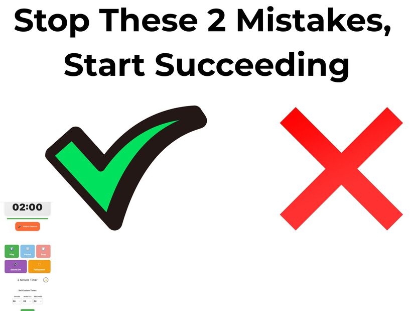 Visual showing green checkmark for correct approach and red X for mistakes, with timer icon, illustrating solutions to common 2-minute method problems