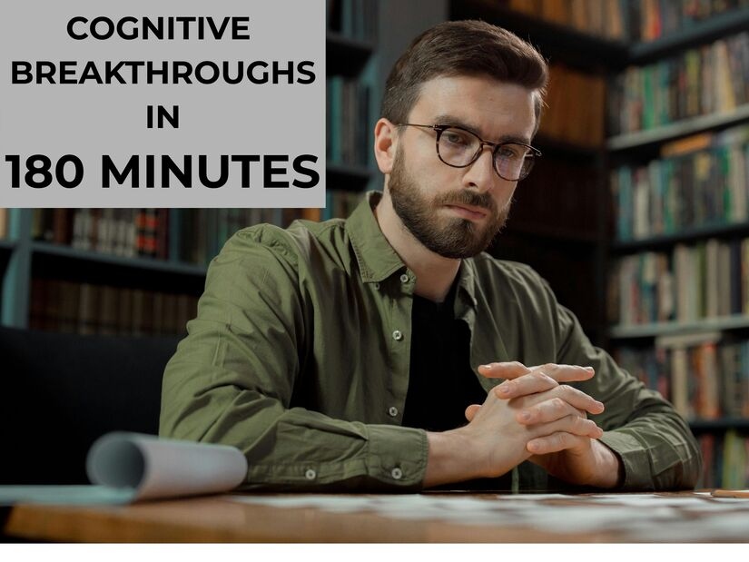 Man focused on deep work session in library achieving cognitive breakthroughs in 180 minutes